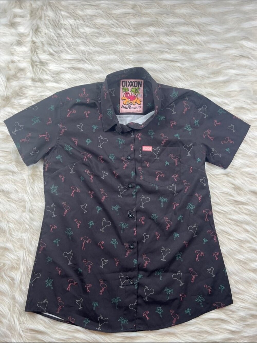 Dixxon Martini Bay Button Front Shirt Large Black with Flamingos